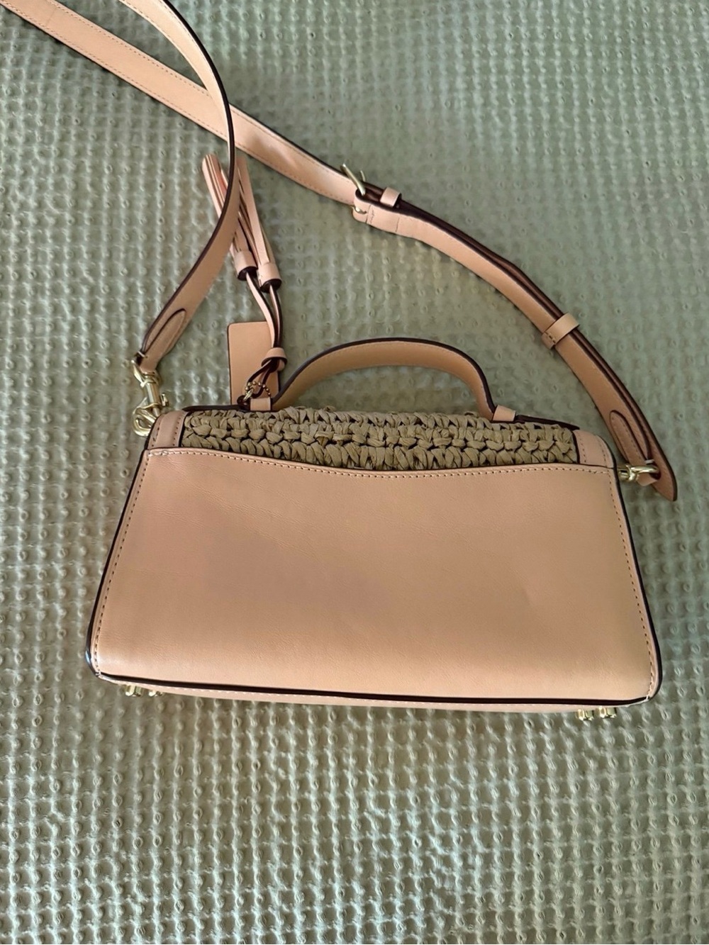 Coach Woven Straw Crossbody with Pink Leather Trim and Gold Buckle - Picture 4 of 7